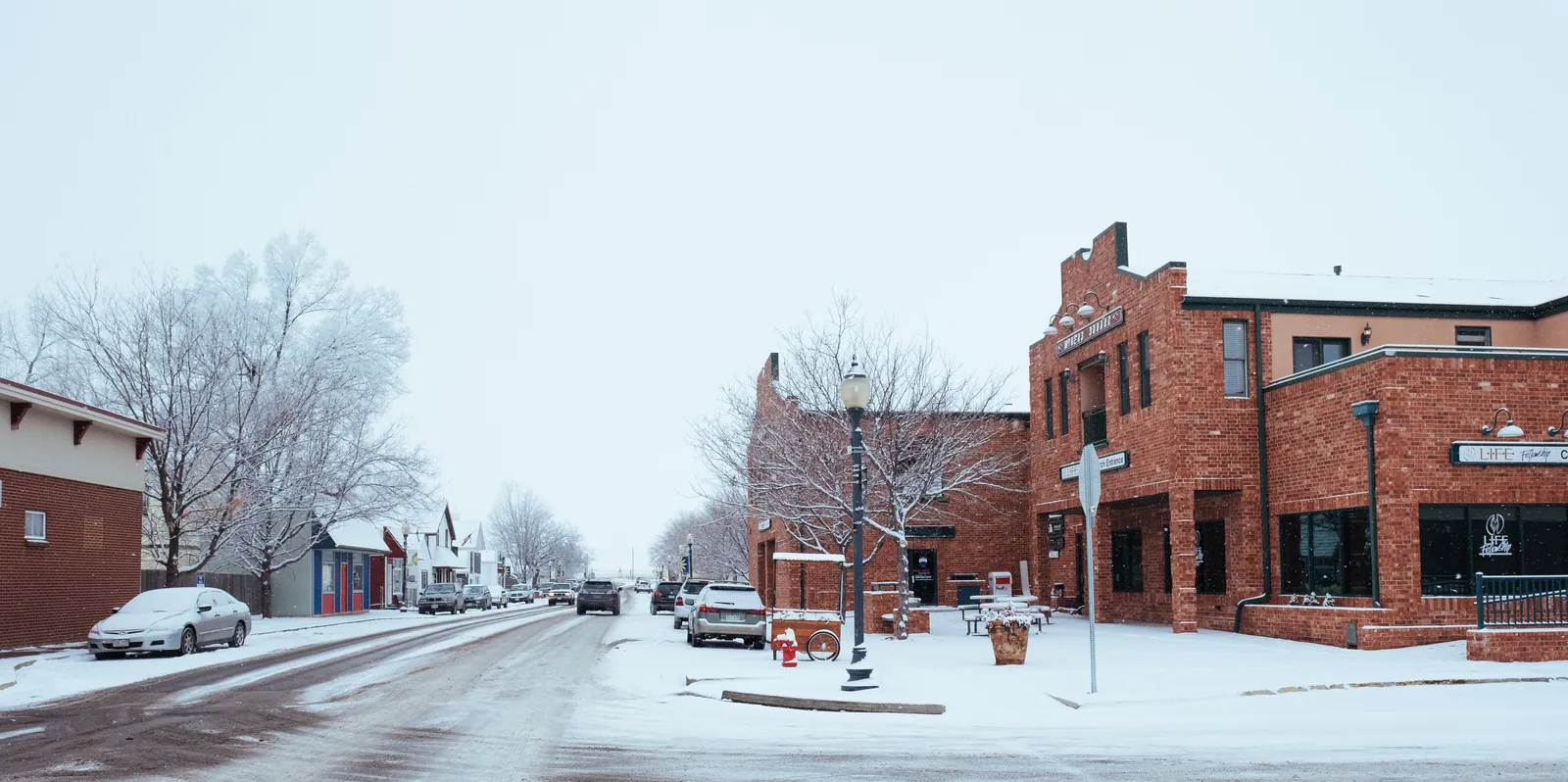 Downtown Frederick at Oak and 5th Street in winter, Frederick, Colorado